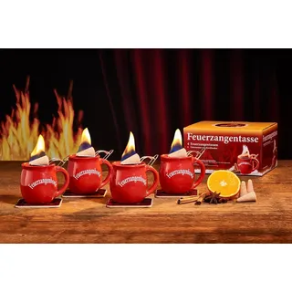 Feuerzangentasse Bowle-Set Feuerzangentasse 4er-Set (Feuerzangenbowle Set, 9-tlg., 4x Feuerzangentasse, 4x Korkuntersetzer, 1x Rezeptheftchen), hitzebeständige Keramik, Edelstahl-Feuerzange rot