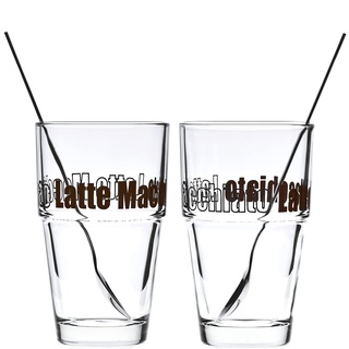 Leonardo Solo Kaffee Gläser 2er Set, Glas-Becher mit Latte-Macchiato Aufdruck inklusive Löffel, spülmaschinengeeignet, 4 teilig, 410 ml 042555