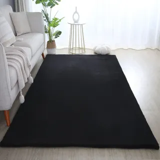 Carpetsale24 Rabbit Hochflor Teppich Läufer 60x110 cm Schwarz Shaggy Modern Flauschig Weich Fellteppich Kunstfell Einfarbig für Flur Schlafzimmer Kinderzimmer