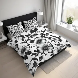 Generisch Vintage Floral Bettwäsche 135x200cm, Schwarz Weiß Blumen Bettwäsche-Sets 2 Teilig, Bettbezug + 1 Kissenbezüge 80x80cm Weich Mikrofaser mit Reißverschluss 21D&-39