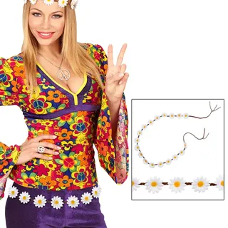 Amakando Damen Gürtel mit Gänseblümchen - 140 cm - Flower Power Hüftgürtel Flechtgürtel mit Blumen Margeriten Bindegürtel Schlagermove Kostüm Accessoire Hippie Blumengürtel