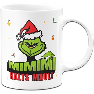Tassenbrennerei Grinch Tasse - MiMiMi Halts Maul - Weihnachtstasse lustig - Kaffeetasse mit Spruch, Weihnachtsmotiv - Deko (Weiß)