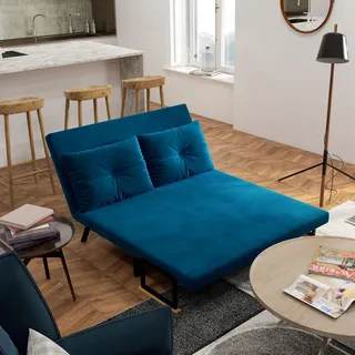 HOMCOM Schlafsofa, Zweisitzer mit Bettfunktion, Schlafcouch mit Samtoptik Blau