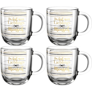 Leonardo Emozione Geschenk Tassen Lieblingsmensch, 4 Stück, spülmaschinengeeignete Glas-Tassen, Tee-Tassen mit goldenem Schriftzug, 400 ml, 046453