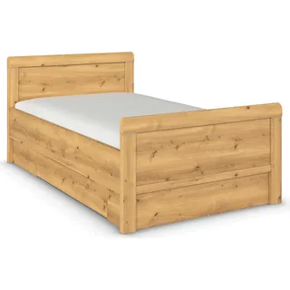 Stauraumbett RAUCH "Bett Einzelbett Stollenbett Bettkästen EVELYN", braun (asteiche), B:129cm H:94cm L:210cm, Betten, in Komforthöhe mit Holzkopfteil sowie Schubladen MADE IN GERMANY