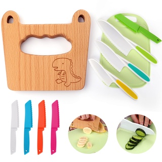 Kindermesser 10-teiliges Kinder-Küchenmesser-Set zum Schneiden und Kochen von Obst oder Gemüse für kleine Kinder, Holzmesser und Schneidebrett für Kinder Messer ab 2 jahre(Kleiner Dinosaurier)