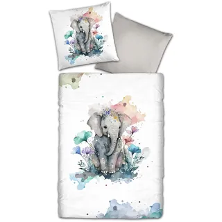 Traumschlaf Mako-Satin Elefant Bunt/Grau 135 x 200 cm + 80 x 80 cm