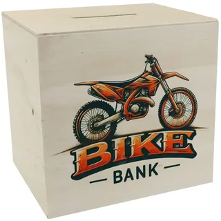 Motocross-Motorrad Spardose aus Holz mit Spruch Bike Bank Perfekte Offroad-Spardose aus Holz im Motocross-Motorrad-Design in orange-schwarz mit coolen Schriftzug darunter