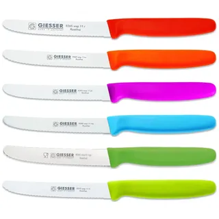 Giesser Messer 6er Set bunt Tomatenmesser Brötchenmesser Allzweckmesser 11cm Wellenschliff 3mm - rot orange pink hellblau hellgrün limette