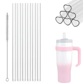 6 Stück Strohhalm für Stanley Cup, Klare Herzform Trinkhalme, Wiederverwendbare Plastikstrohhalme mit 1 Strohbürste, 30cm Ersatz Strohhalme Kompatibel mit Stanley Cup 30/40 oz