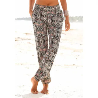 Strandhose S.OLIVER "aus leichtem Jersey, Schlupfhose", Damen, Gr. 44, N-Gr, blau (marine, bedruckt), Jersey, Obermaterial: 100% Viskose, figurumspielend lang, Hosen Strandhose, mit Alloverprint und Taschen, Stoffhose, leichte Sommerhose, elastisch