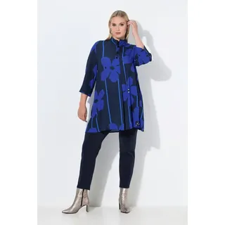 Ulla Popken Tunika Tunika Blüten A-Linie Stehkragen 3/4-Arm schwarz 50/52