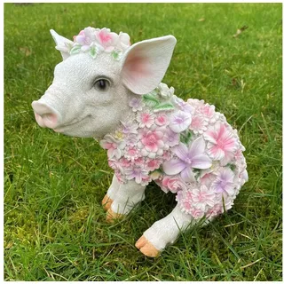 Online-Fuchs Gartenfigur süßes SITZENDES Schwein mit Blumenkleid verziert Ferkel Tiere groß, Maße ca. 24 cm lang, 18 cm breit und 22 cm hoch, Balkon, Terrasse weiß