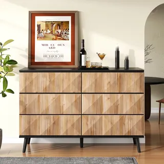 ModernLuxe Sideboard Kommode mit 6 Schubladen Schubladenschrank mit Metallbeinen & Verdeckten Griffen, 120×40×75 cm, für Wohnzimmer Schlafzimmer Flur, Schwarz & Holzoptik