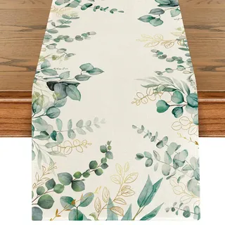 Tischläufer Eukalyptus Grün, Waschbar Eukalyptus Gold Blätter Tischband, Frühling Sommer Küche Dekoration Drinnen Tischdeko für Kommunion, Konfirmation, Hochzeit, Geburtstag, Gartenparty, 40 x 180 cm