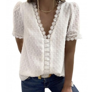 AFAZ New Trading UG Blusentop Damen Weiß Bluse Boho Spitze T-Shirt Tops Elegant Frühling Sommer V-Ausschnitt Oberteile Tunika M