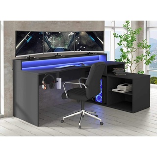 Forte TEZAUR Computertisch Gaming Desk mit LED-Beleuchtung und Regalteil, Holzwerkstoff, Schwarz, B x H x T: 200 x 91,1 x 125,4 cm