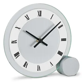 AMS 166, Tischuhr analog, geräuschloses Quarzwerk, Glasgehäuse, römische Ziffern, weißes Zifferblatt, Uhr zum Hinstellen, Kaminuhr, leise ohne Ticken, batteriebetrieben, Maße: 17 x 16 x 4 cm
