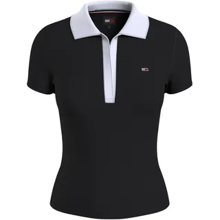 Poloshirt TOMMY JEANS "TJW SLIM CONTRAST V SS POLO EXT" Gr. S (36), schwarz (black) Damen Shirts V-Shirts mit kontrastfarbenem Polokragen