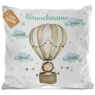 Print Royal PR Flauschiges Kissen zur Geburt - Löwe im Heißluftballon - Geschenk zur Geburt mit Name und Geburtsdaten Personalisieren | 40 x 40 cm, Weiß Flauschig