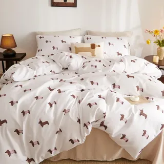 Tospass Dackel Bettwäsche 220x240cm Weiß Rosa Braun Dachshund Mädchen Wendebettwäsche-Set Mikrofaser Hundemuster Deckenbezug Kinder Teen Bettbezug mit Reißverschluss und 2 Kissenbezug 80x80cm