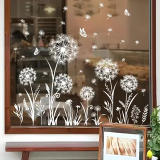 Supzone Fensterbilder Selbstklebend Groß Pusteblume Weiß Fensteraufkleber Blumen Schmetterlinge Fenstersticker Sommer Frühling Anti-Kollision Fensterfolie Fensterdeko