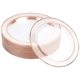 MATANA 60 Premium Transparente Plastikteller mit Roségoldenem Rand, 26cm - Mehrweg Kunststoffteller, Partyteller Gold für Hochzeiten, Geburtstage, Partys - Elegantes & Stabiles Partygeschirr