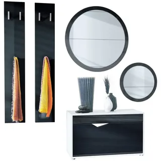 Vladon Garderoben-Set Espoo, (Flur Garderobe, mit Schuhbank, 2 Wandpaneel und 2 Runde Wandspiegel), Weiß matt/Schwarz Hochglanz schwarz