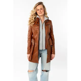 Lederjacke MAURITIUS "Bente OT 2", Damen, Gr. XS (34), braun (cognac), Obermaterial: 100% Schafsleder. Futter: 100% Baumwolle. Kapuze: 55% Baumwolle, 45% Polyester. Ärmelfutter: 100% Polyester, unifarben, körpernah ca. Mitte Oberschenkel, Rundhals, Jacken, (mit Gürtel) lange Lederjacke mit Gürtel & abnehmbarem Kapuzen-Inlay