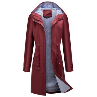 B.X Outdoorjacke Wasserdichte Jacken für Damen Übergröße, langer Windjacke, Mantel leichte Damen-Regenjacke wasserdicht-Trench-Regenmantel mit Kapuze rot XL