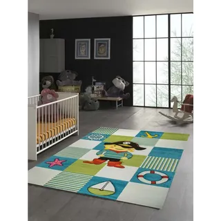 TeppichHome24 Kinderteppich Kinderteppich Pirat Design mit Konturenschnitt, rechteckig, Höhe: 1.3 mm gelb|grün|rot|schwarz|weiß rechteckig | 140 cm x 200 cm x 1.3 mm