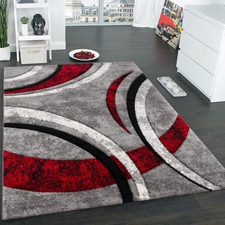 Paco Home Teppich Kurzflor Konturenschnitt Muster Gestreift Grau Schwarz Rot Meliert, Grösse:80x300 cm