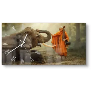 DEQORI Wanduhr 'Buddhist berührt Elefant' (Glas Glasuhr modern Wand Uhr Design Küchenuhr) grau|orange 60 cm x 30 cm