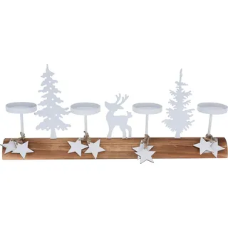 ZauberDeko Teelichthalter Weihnachtsszene Holz Metall Weiß Länglich Adventsgesteck Baum Hirsch Stern 40cm Lang