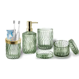 RUNQIN Seifenspender Zahnputzbecher Set, 5 Badezimmer Set mit Zahnbürstenhalter, Zahnputzbecher,Seifenschale,Seifenspender,Wattestäbchen Gläser, Bad ZubehöR Set für Edle Badezimmer Deko in Grünes Glas
