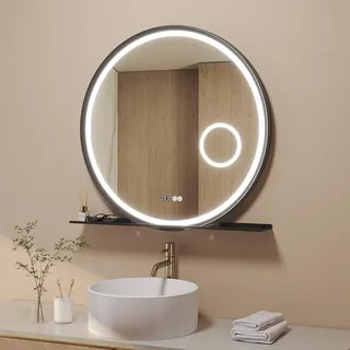 AQUABATOS Badspiegel mit Beleuchtung und Ablage Rund 80 cm Aluminium Rahmen Schrägdesign schwarz direkter LED-Beleuchtung Uhr Kosmetikspiegel Spiegelheizung Touch dimmbar mit Wandschalterfunktion