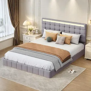 Gepolstertes Doppelbett, 160 x 200 cm, mit schwebendem Rahmen und USB-Ladefunktion, verstellbarem Kopfteil und LED-Beleuchtung, grau, ohne Matratze - Grau