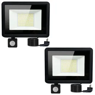 MOLVCE 50W Led Strahler mit Bewegungsmelder Außen, 6500K Kaltweiß Superhell Scheinwerfer, Außenstrahler mit 1.5m Kabel, IP66 Wasserdicht Led Aussenleuchte für Garage, Terrasse, Hof, 2er Set