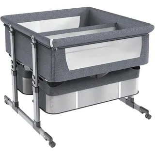 STRTG Zwillingsbett Für 2 Babys,Babybett Für Zwillinge,Stubenwagen Für Zwillinge,Zwillingsbett Next to Me,6-Fach Höhenverstellbar,Leicht Zusammenklappbares Schlafbett,Tragbares Babybett Dark Grey