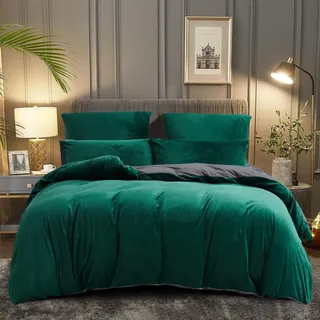 DXHOME Biber Bettwäsche Plüsch 200x200cm Pastell Dunkelgrün Grün Grau Plüsch Bettwäsche Kuschelig Microfaser Wendebettwäsche Bettbezug mit Reißverschluss und 2 Kissenbezüge 80 x 80cm