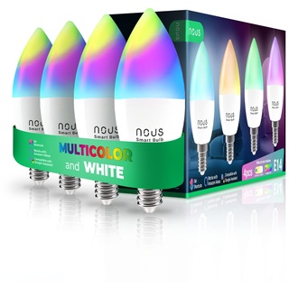 NOUS E14 Smart LED Farbwechsel Lampe, WLAN Glühbirne Alexa kompatibel, LED Lampe Farbwechsel, App gesteuertes Licht, Glühbirne Farbwechsel, Smart Life/Tuya App, 2.4GHz WiFi, Pack of 4