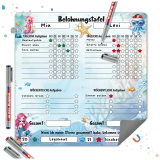 TOBJA Magnettafel Magnetische Belohnungstafel XL 2 Kinder Meerjungfrau 4Stifte, Routine Planer Kinder 30x30 cm, abwischbar bunt|weiß