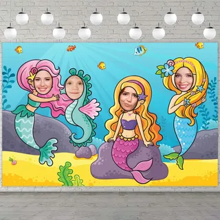 Cartoon Meerjungfrau Foto Banner Hintergrund Foto Booth Requisiten Große Meerjungfrau Gesicht Pretend Play Spiel Unter Meer Fisch Thema Dekor 1. Geburtstag Party Baby Shower Favors Supplies