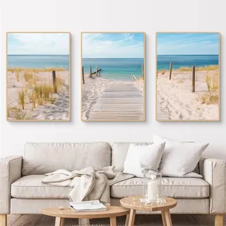 Viusneun 3er Poster Set, Meer Landschaften Wandposter Aesthetic Sandstrand Triptychon Premium Leinwandbilder Kunstdruck Poster für Wohnzimmer Schlafzimmer Ohne Rahme (50 x 70 cm)