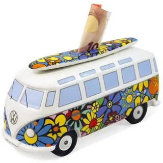 VW Collection by BRISA Spardose Volkswagen Sparschwein im T1 Bulli Bus Design mit Surfbrett, Geldbüchse aus hochwertiger Keramik bunt