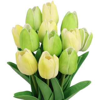 N&T NIETING Künstliche Tulpens, 12 Stück Realistischem Touch Tulpen Blumen, Gefälschte Blumen Tulpen Blumensträuße für Hochzeitsstrauß Party Valentinstag Geburtstag Muttertag Home Deko, Gelb und Grün