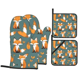 Ofenhandschuhe und Topflappen für Küche, gelber Fuchs, komfortable, hitzebeständige Handschuhe zum Kochen und Backen, 4 Stück