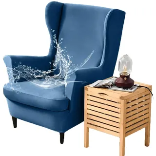 FANSU 2 Teilig Ohrensessel Überzug, Wasserdicht Einfarbig Universal Sessel-Überwürfe Ohrensessel Schonbezüge Bezug Sesselhusse Elastisch Stretch Tiger Stuhlbezug mit Armlehne (Blau)
