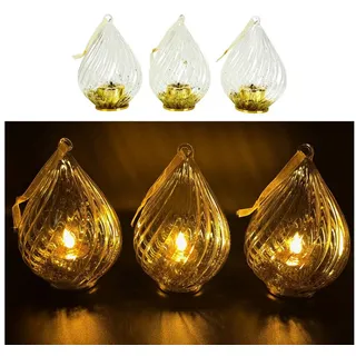 Online-Fuchs LED-Kerze - 3er Set LED Teelichter in einem Glastropfen inklusive Timer (Rot, Blau, Gold und Silber, zum Aufhängen oder Hinstellen), inklusive 6 Stunden-Timerfunktion - Weihnachtsdeko goldfarben