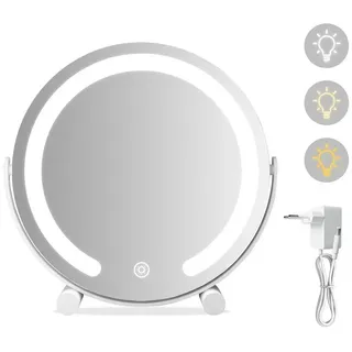 WDWRITTI Kosmetikspiegel Weiß LED Schminkspiegel mit Beleuchtung (Tischspiegel 360° Drehbar, 3000/4000/6500K, Helligkeit dimmbar), Energiesparend, Umweltschutz, hochauflösend bunt Rund | 31.5 cm x 31.5 cm x 8.2 cm